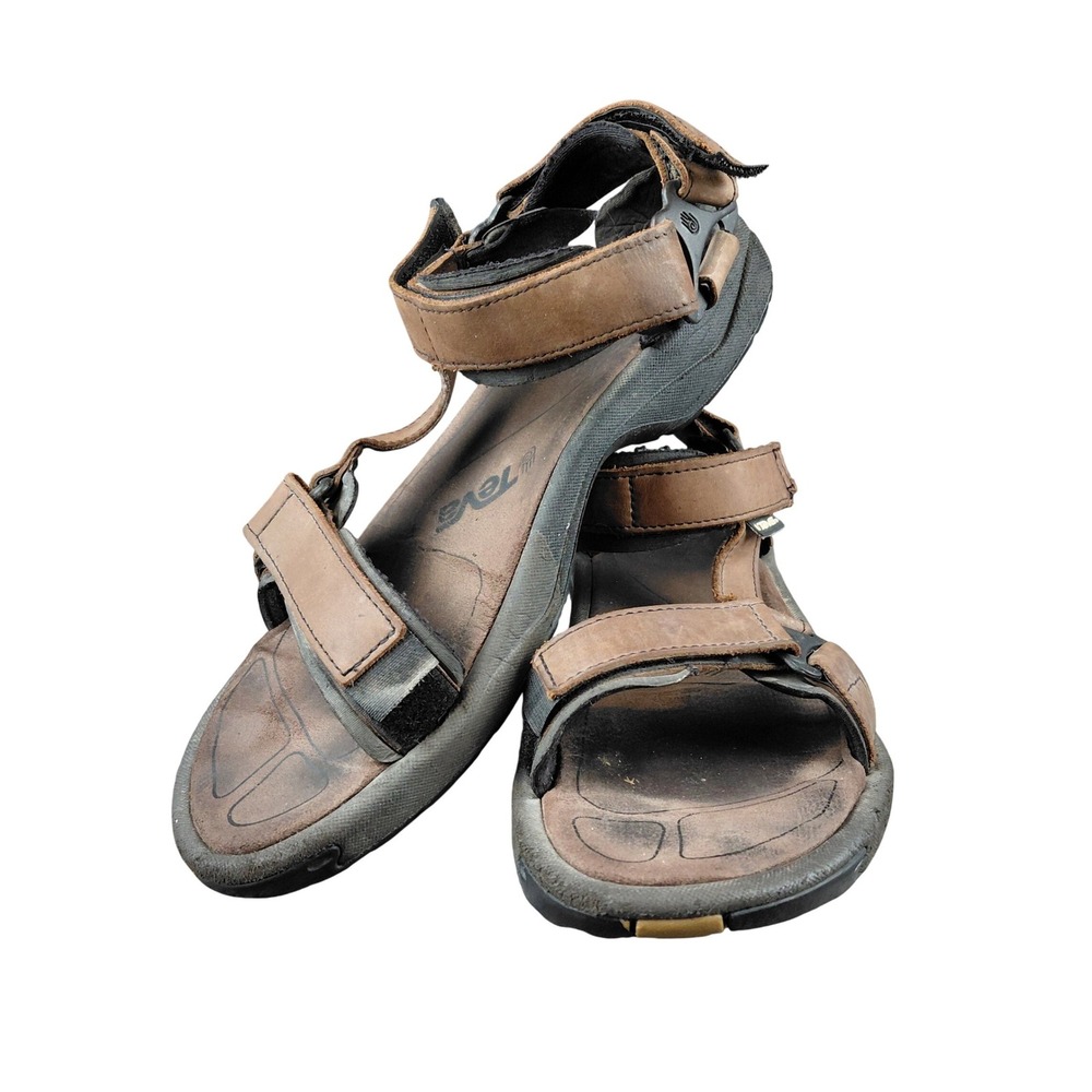 Teva Men's Brown‎ Leather Sport Sandals Hook and Loop Adjustable Size 11